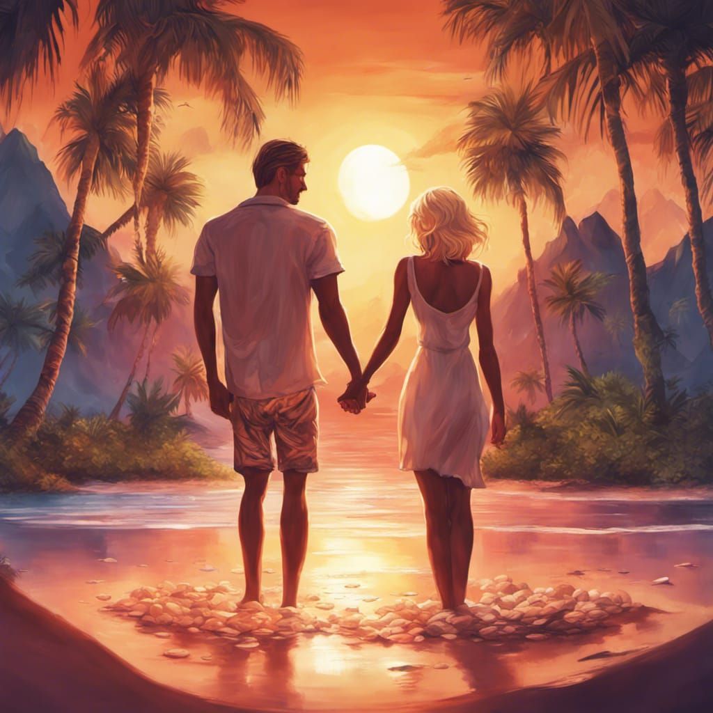 Romantic Couple in a Cartoon Paradise Sunset
