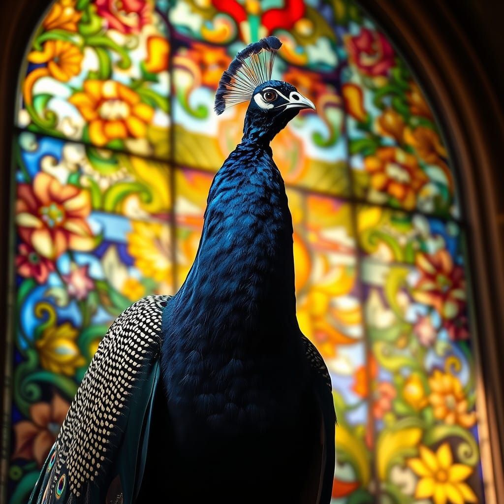 Stunning Peacock Portrait with Vibrant Stained Glass Window