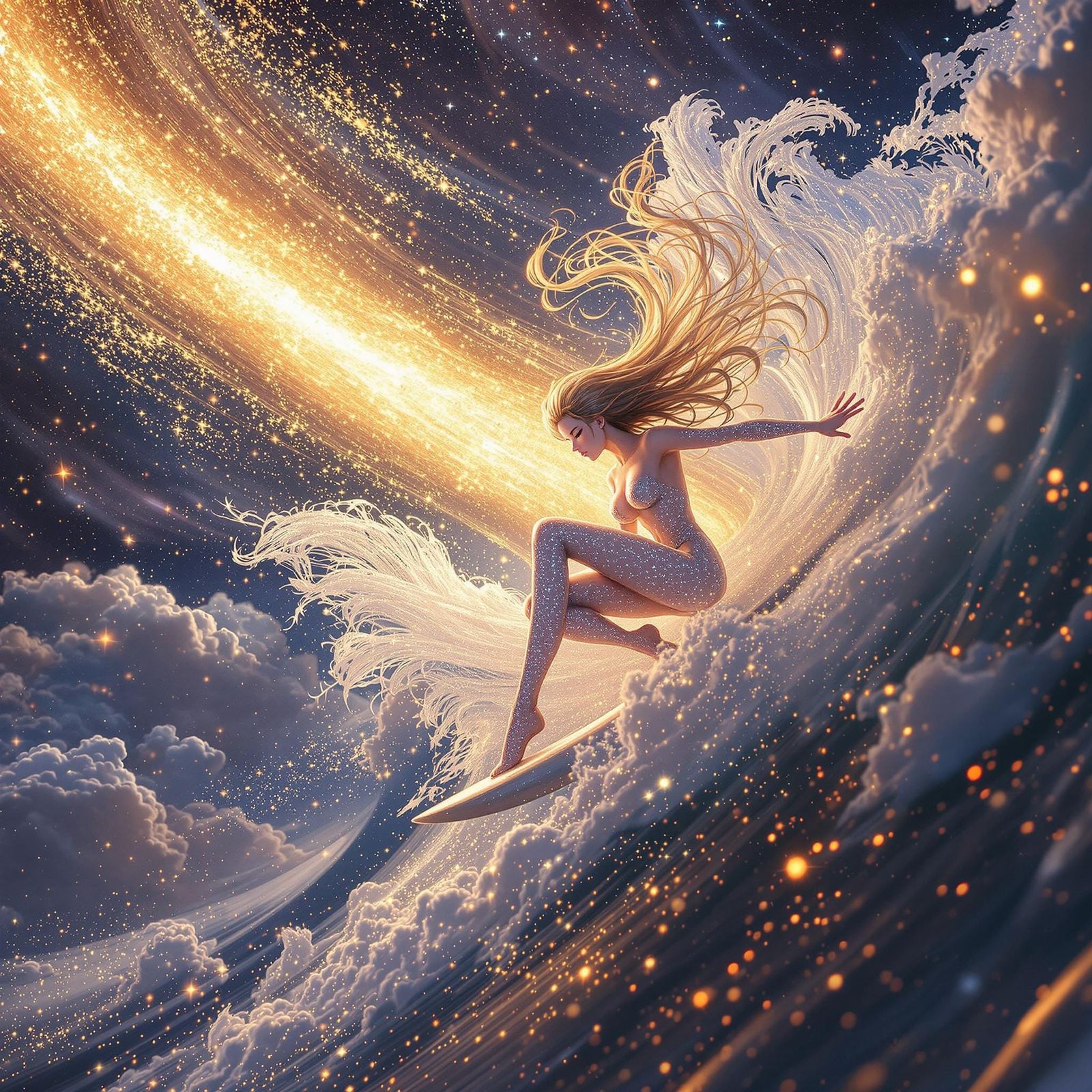 Worm's eye view of a kawaii sensual anime woman surfer made ...