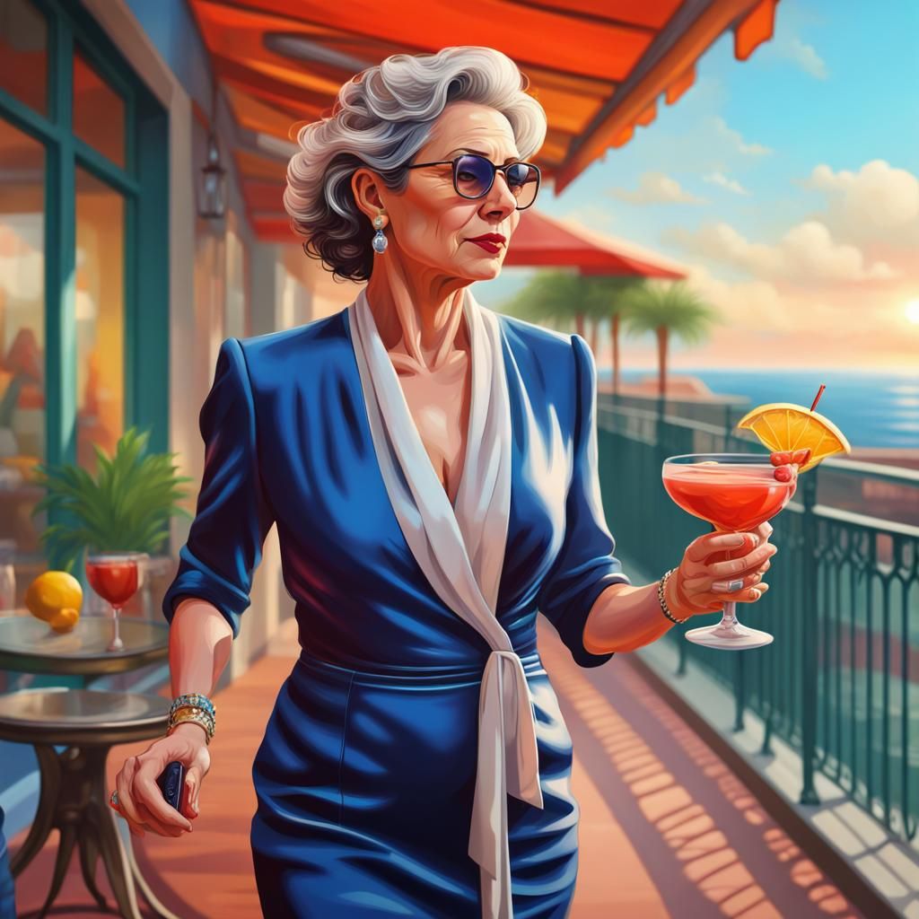 Elegant Woman on Terrace in Hyperrealistic Style