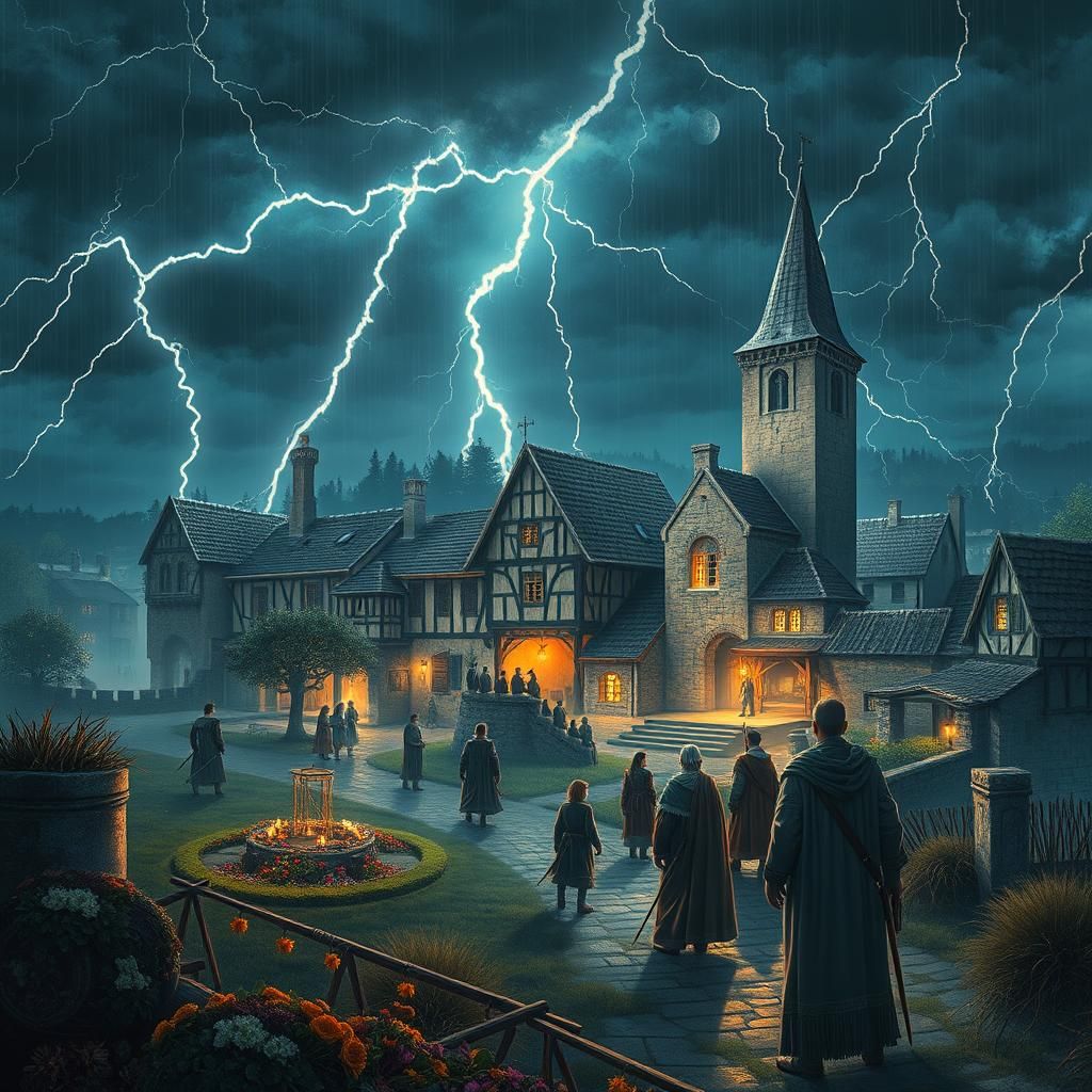 Medieval Village Thunderstorm, Astral Illustration