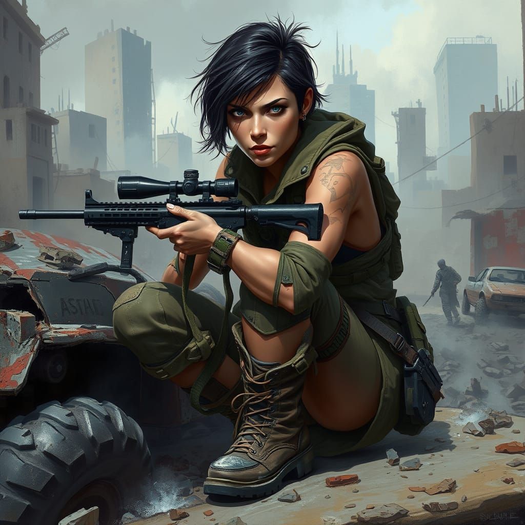 War-Torn Cityscape with Battle-Hardened Warrior