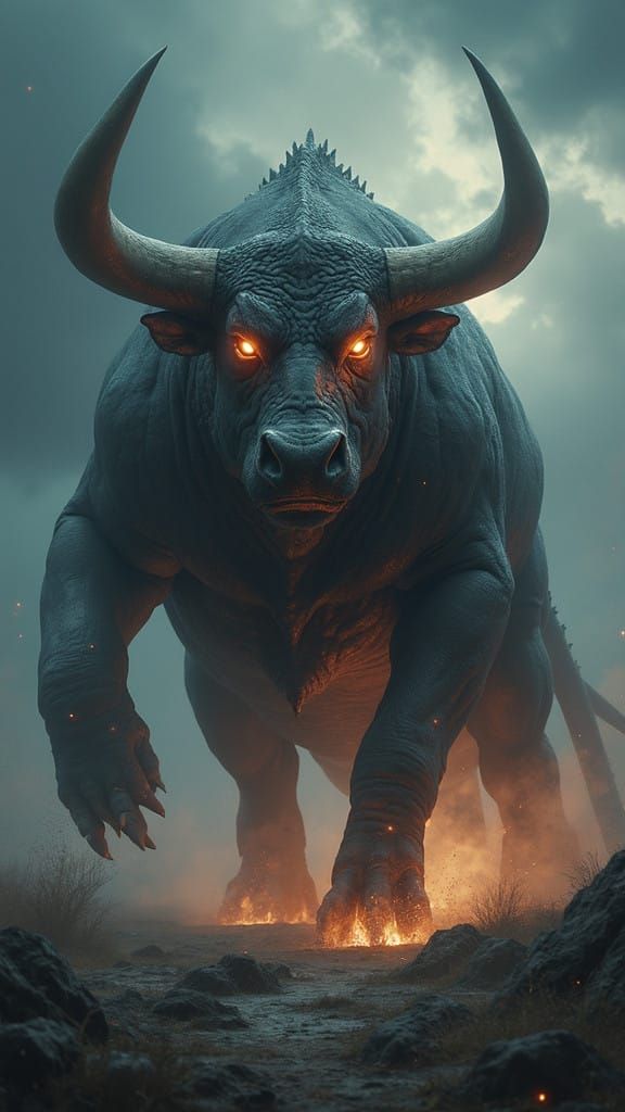 Cyberpunk Bull-Crocodile Hybrid in Dark, Ominous Landscape