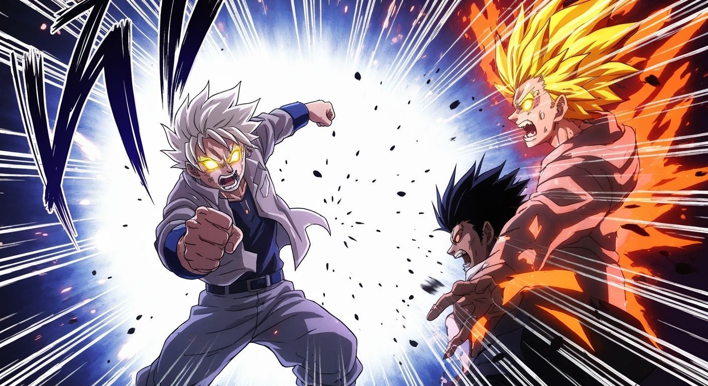 Anime Battle Scene: Dynamic Punch with Glowing Powers