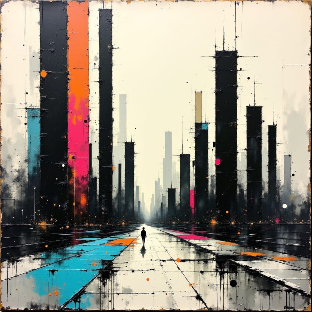 Abstract Cityscape with Geometric Skyscrapers in Expressioni...