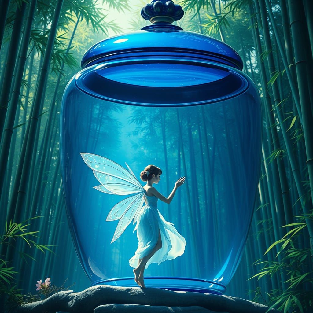 Delicate Fairy Amidst Bamboo Forest in Japan, Under a Majest...