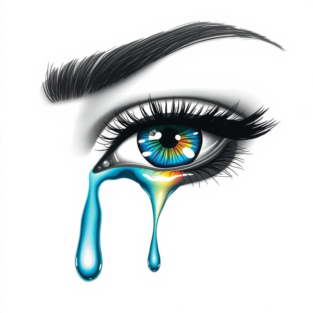 Detailed Emotional Eye Charcoal Drawing with Colorful Tear