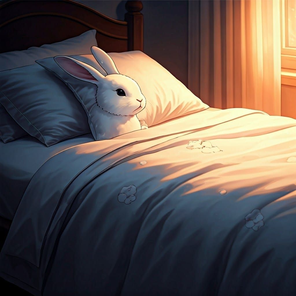 Snow Rabbits on Serene Bed Sheets in Manga Style