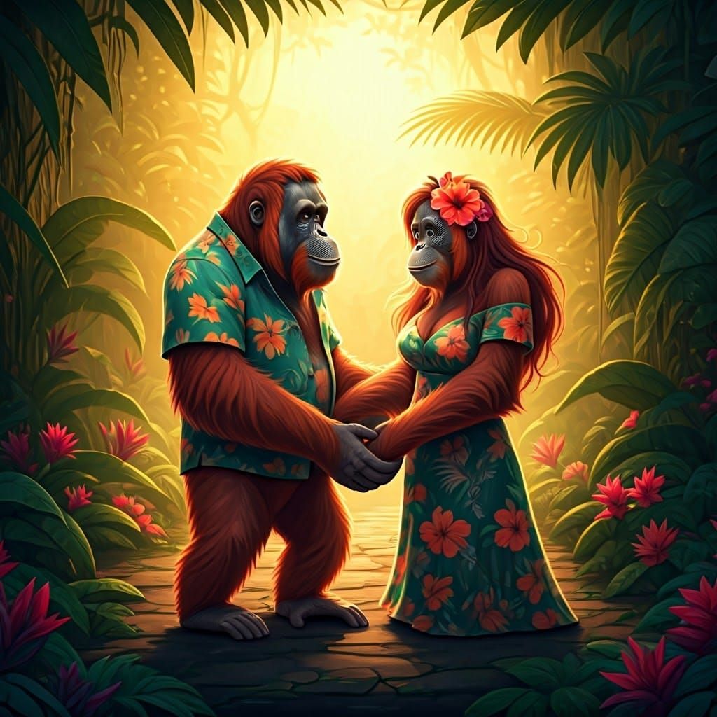 Cartoon Orangutans Dance in Lush Rainforest