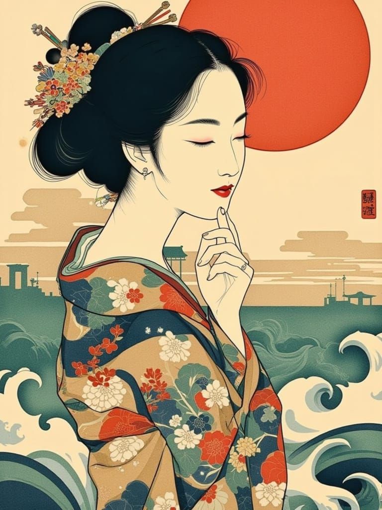 Woman in Kimono with Vintage Japanese Landscape