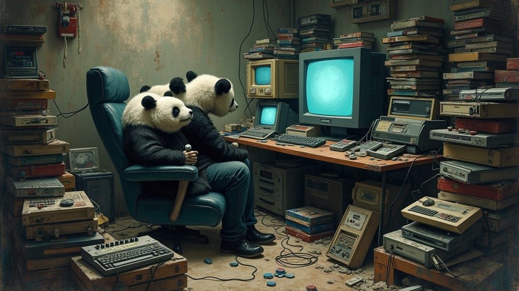 Nostalgic Gamer Surrounded by Pandas in a Haunting Retro Gam...