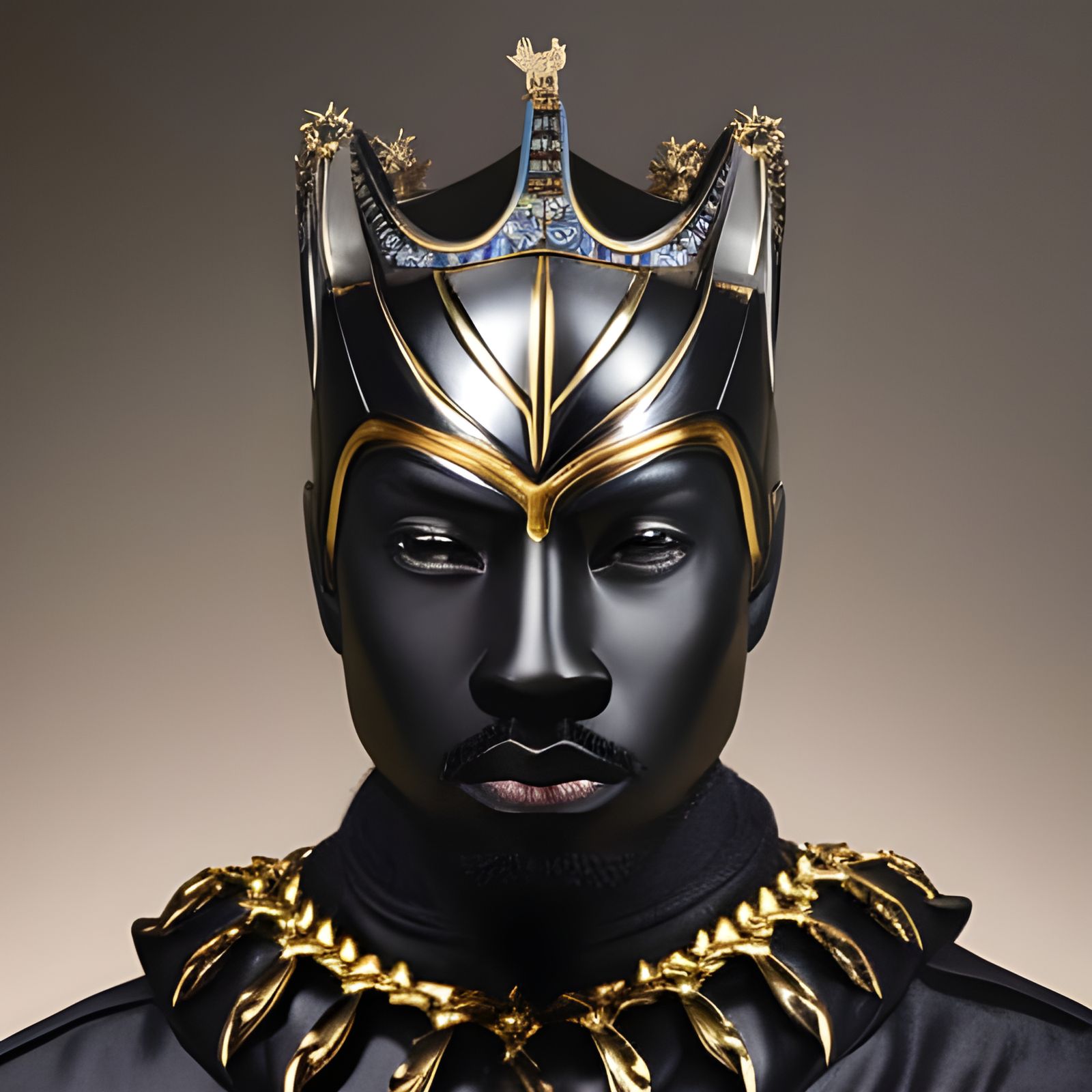 Black Panther Portrait with Crown in Hyperrealistic Style
