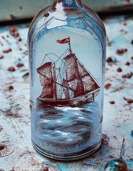 photographic digital painting of an antique glass bottle containing a tiny weathered pirate ship battling towering, frot...