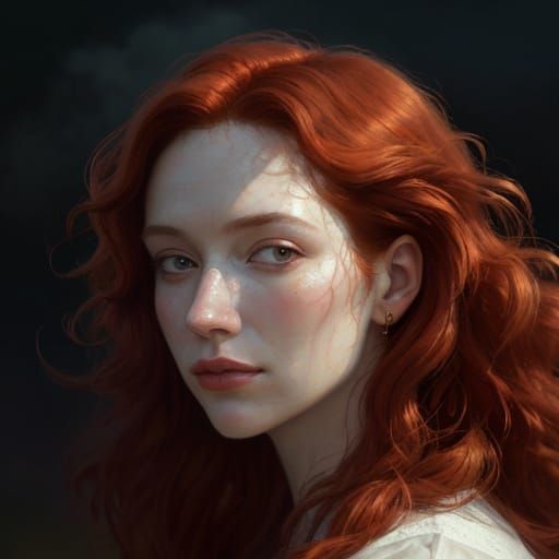 Emotive Oil Portrait of Woman with Red Curls