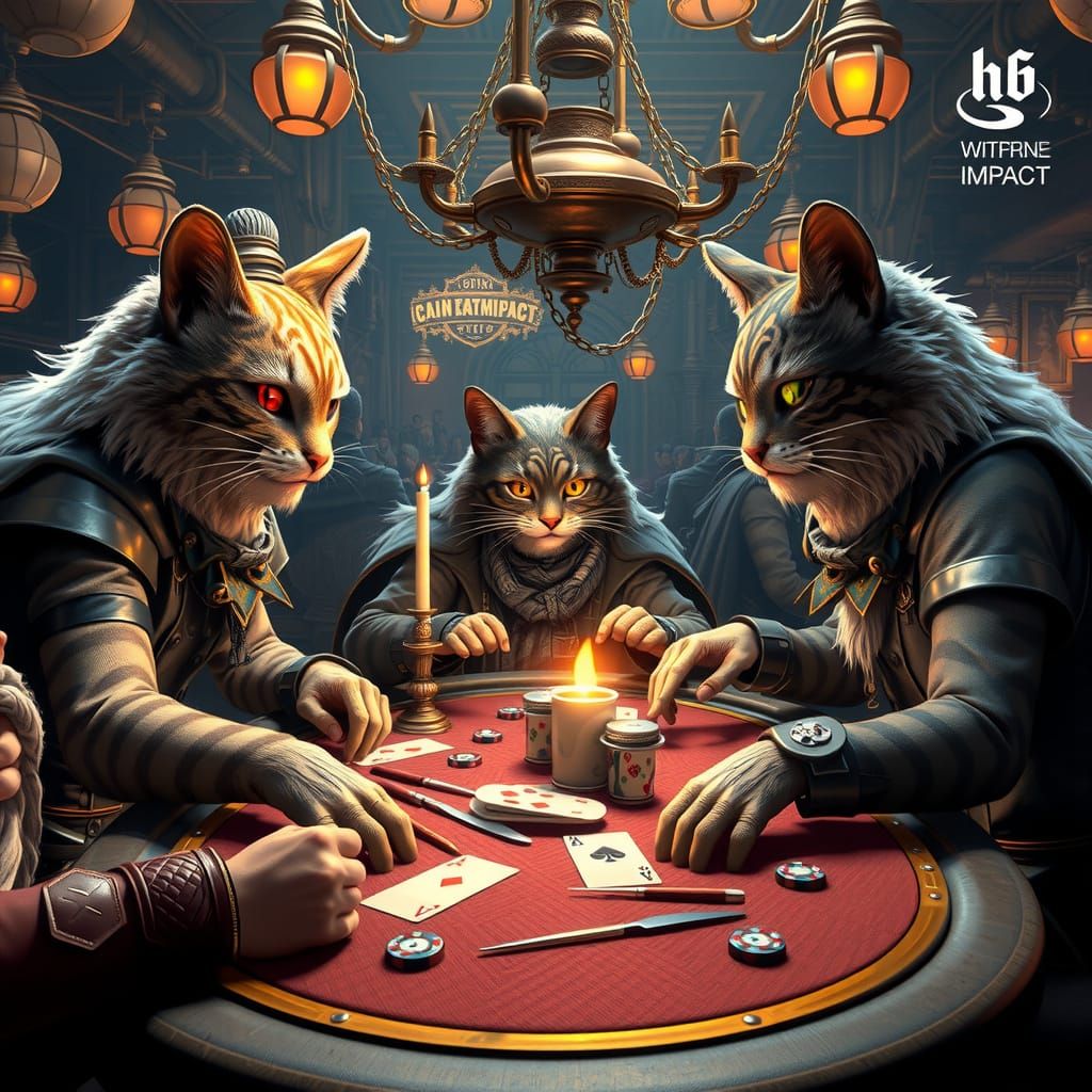 Steampunk Feline Gamblers in Hyperrealistic Splendor