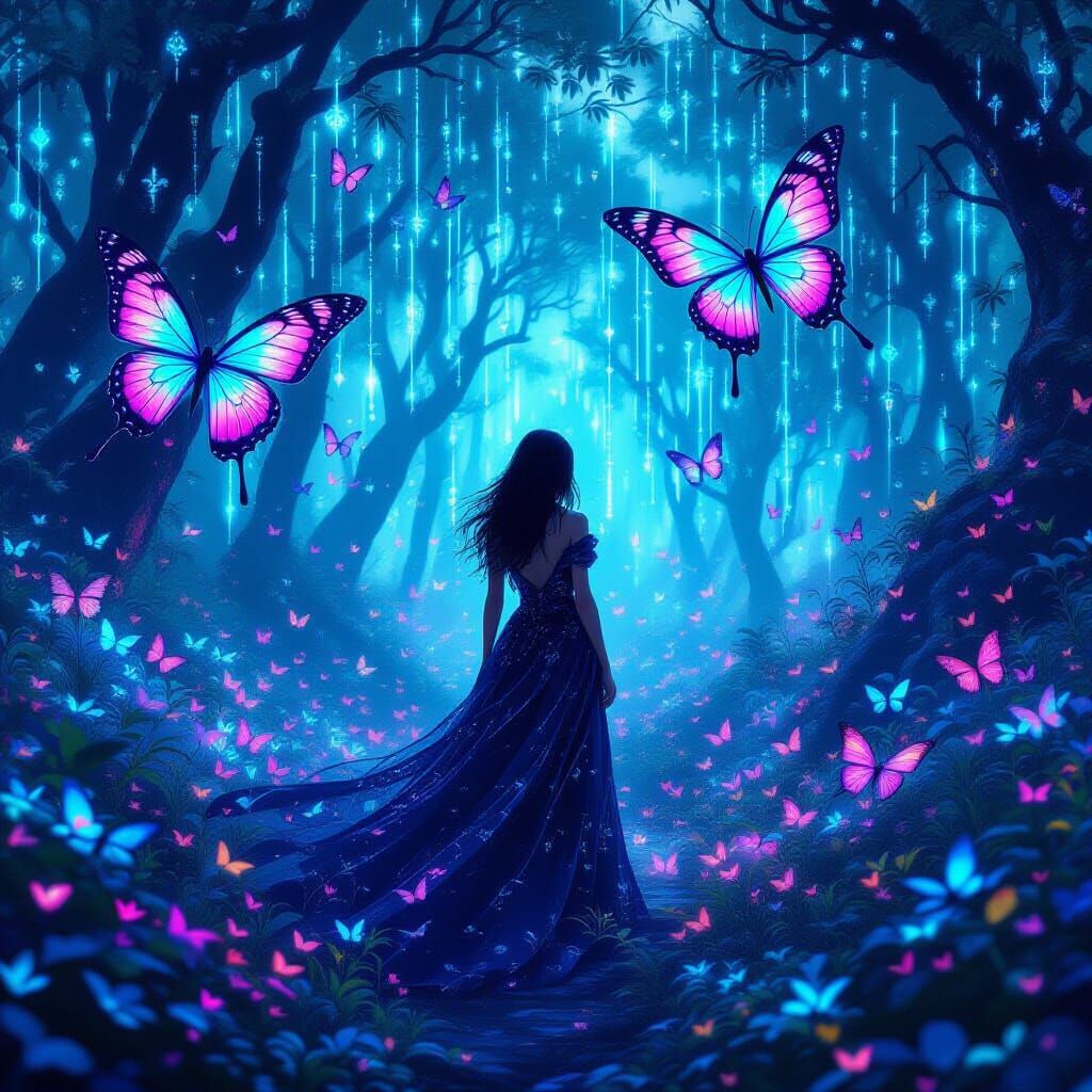 Woman in Neon Forest with Digital Code and Stained Glass But...