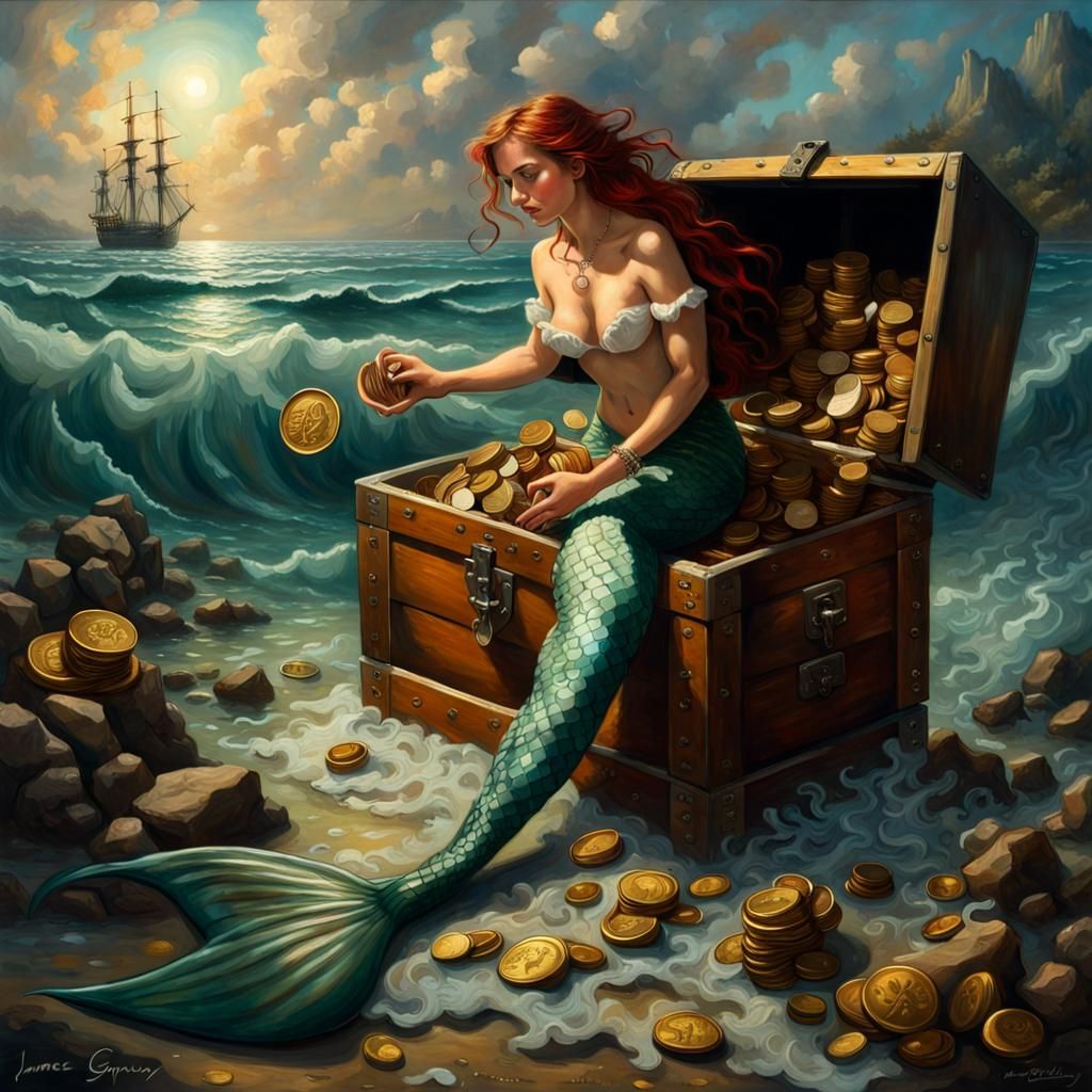A beautifil mermaid playing with a chest full of treasure, r...