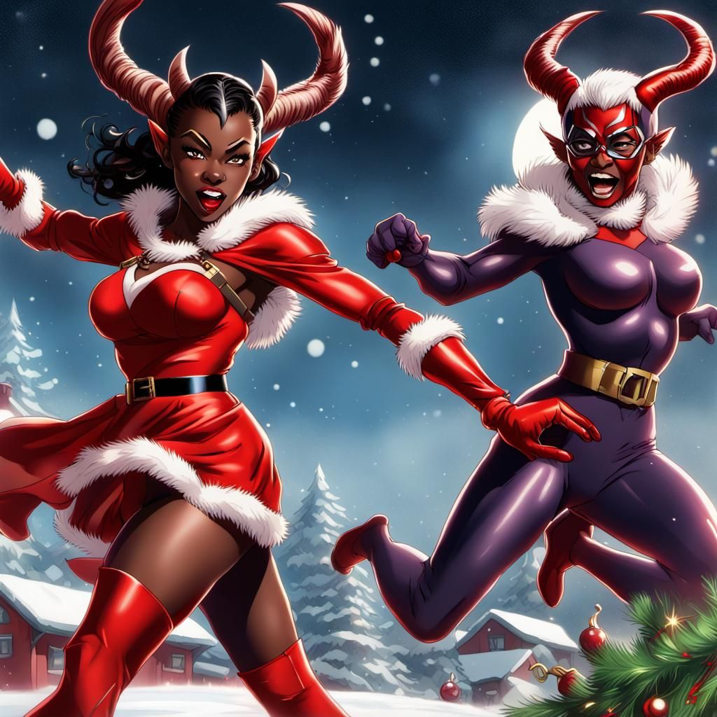 Superhero Mrs. Claus Punches Krampus in Winter Wonderland