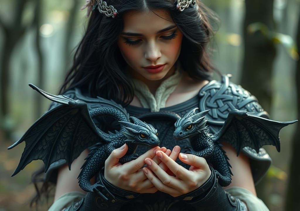 Goddess Morrigan Cradles Baby Dragons in Mystical Forest