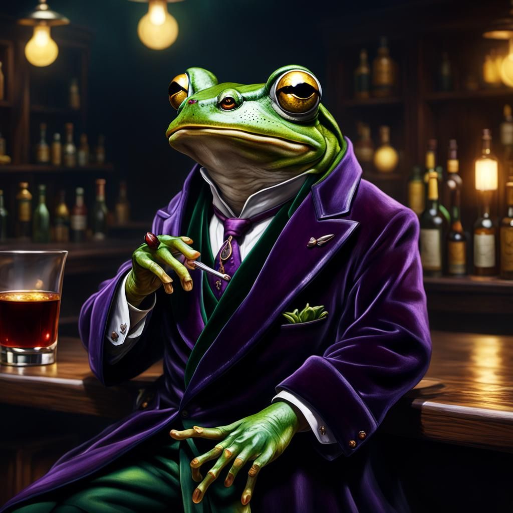 Frog in Velvet Jacket at Dimly Lit Bar