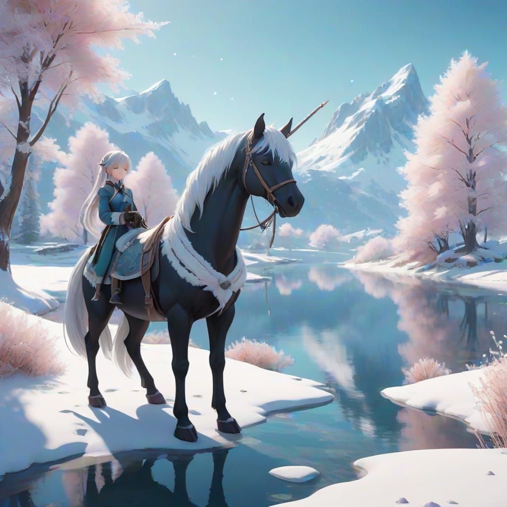 Anime Mermaid and Horse in Winter Landscape