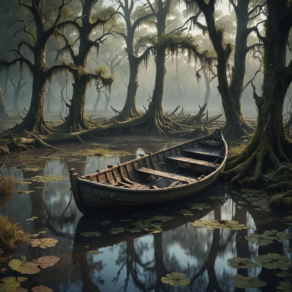 Ghostly Figure in Swamp Boat: Fantasy Art