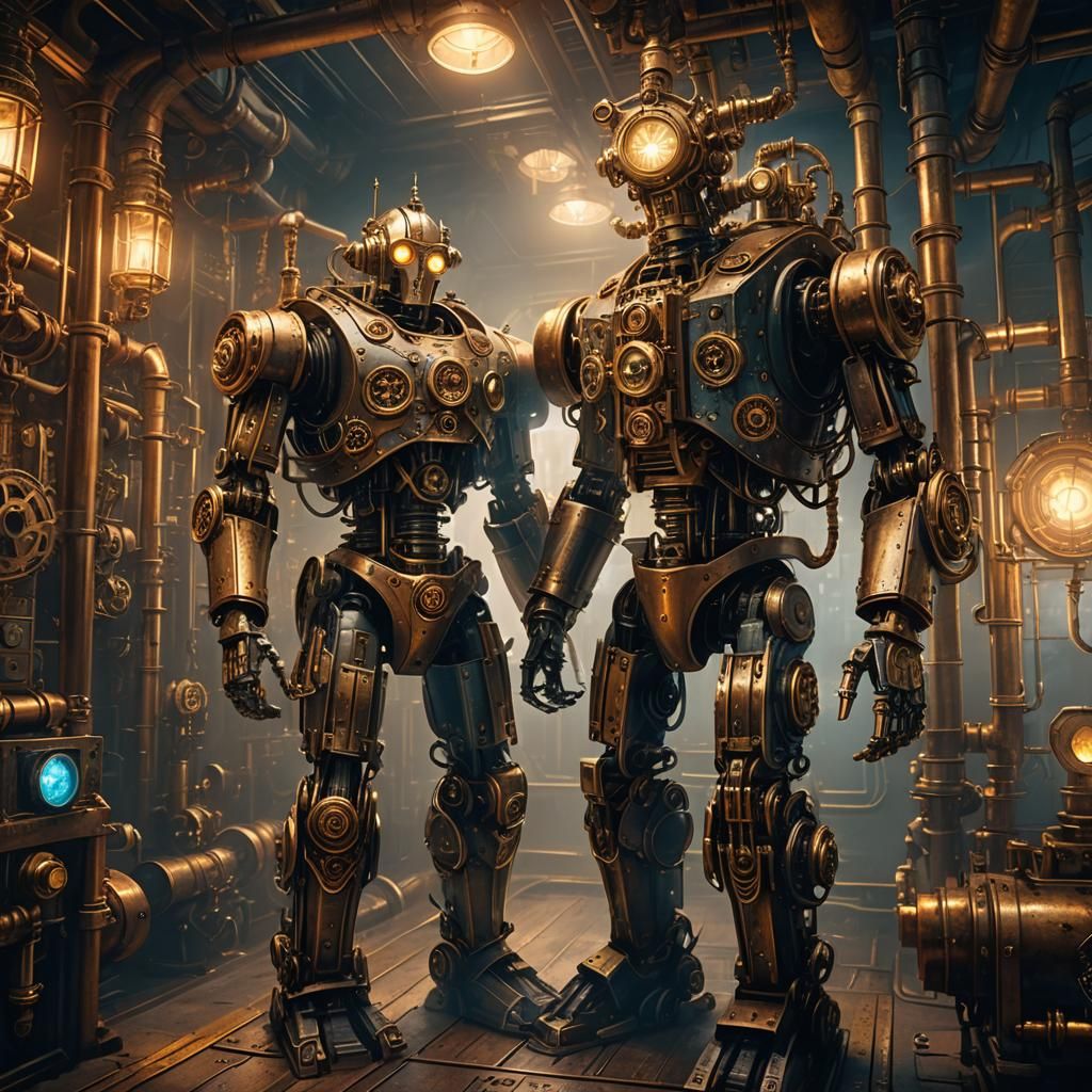 Steampunk Robot in Engine Room with Glowing Runes