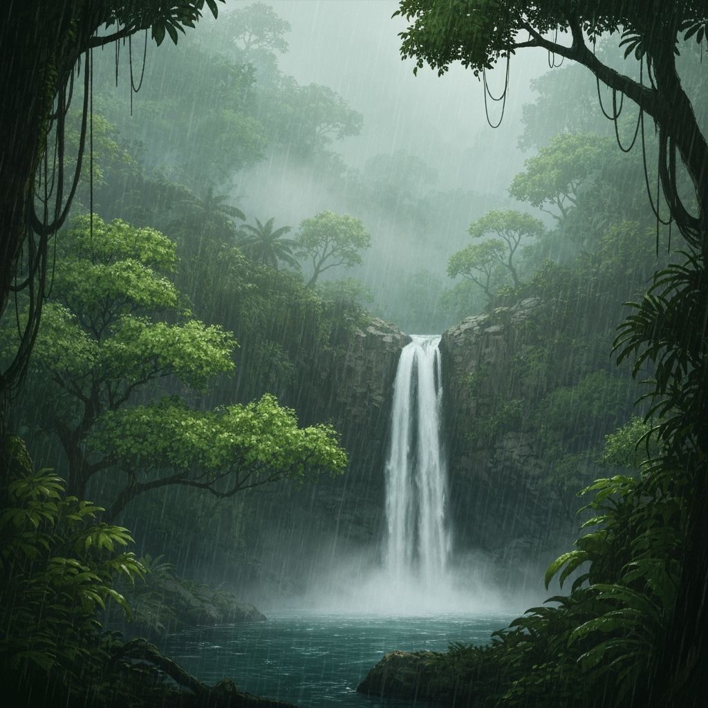 Lush Jungle Rainstorm Waterfall in Art Nouveau Style