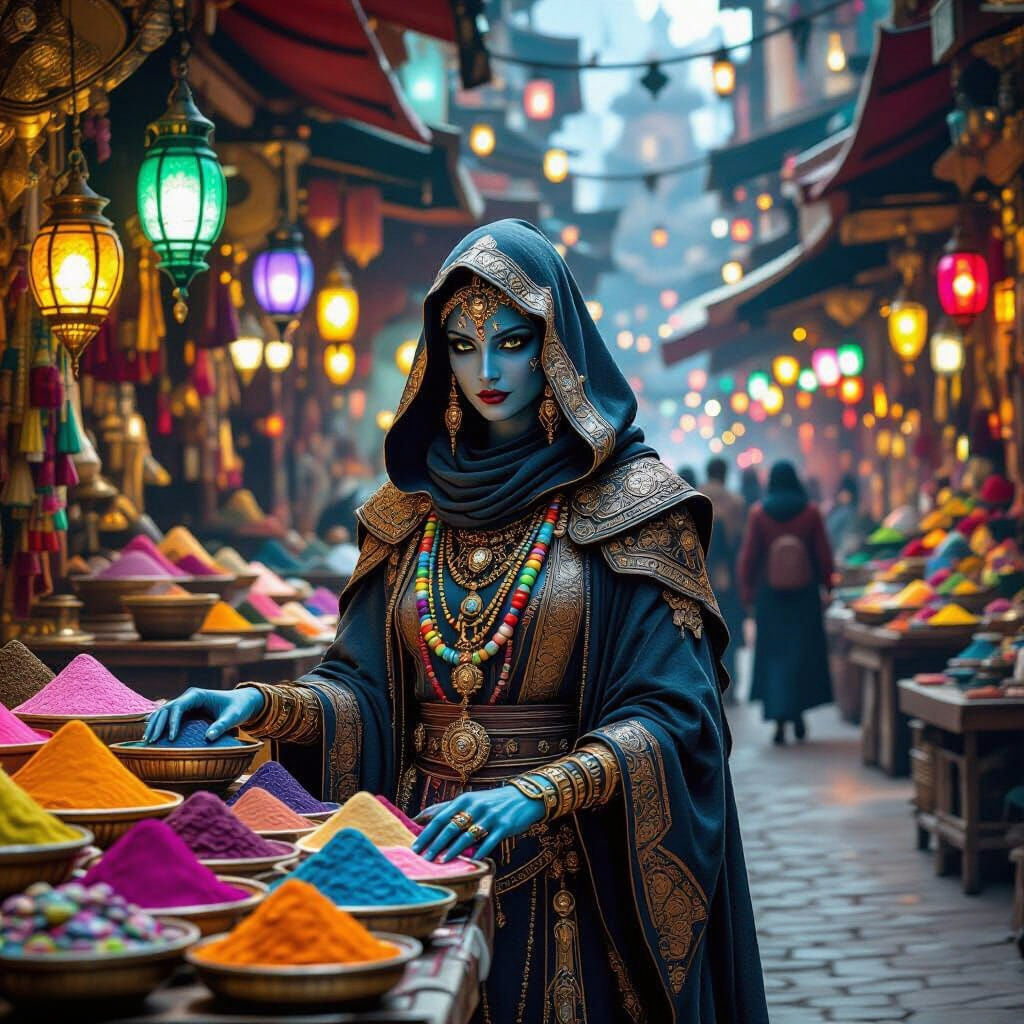 Alien Merchant Selling Cosmic Powders in Bazaar