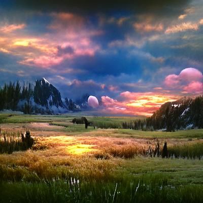 Epic Sunset Over Quiet Meadow: Digital Matte Painting