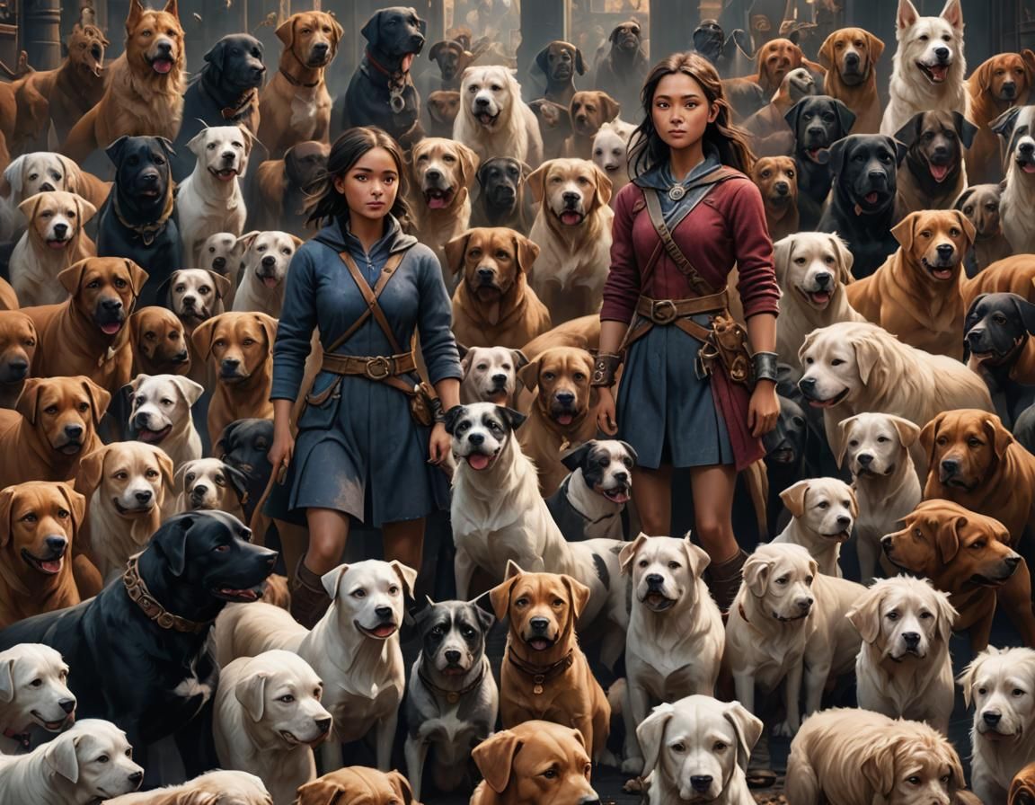 Girl Surrounded by Dogs: Detailed Matte Painting
