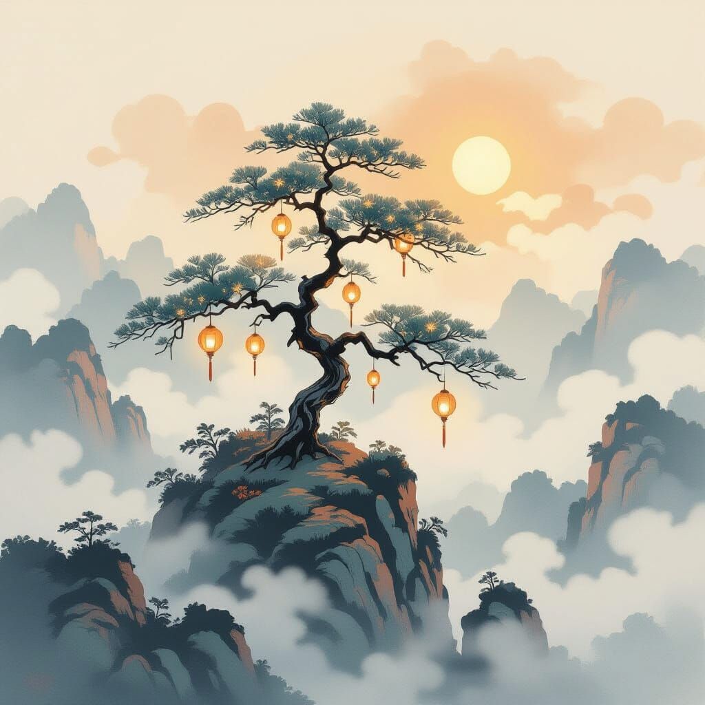 Ancient Tree with Glowing Leaves on Misty Peak