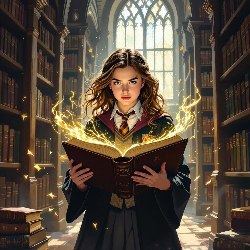 Hermione Granger in Hogwarts Library, Painterly Style