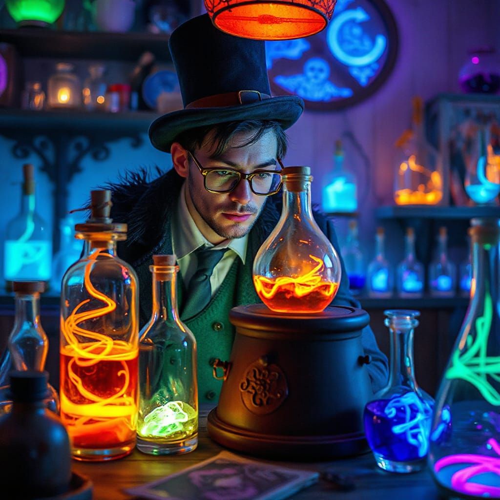 Whimsical Potion Tester in Glowing Alchemy Lab