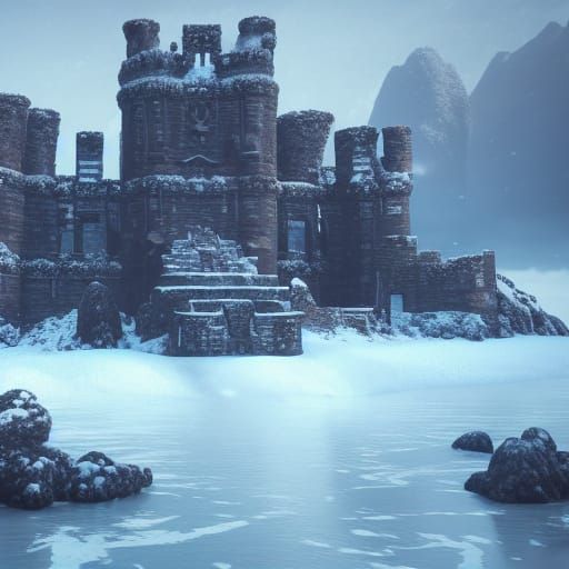 Snowy Castle Ruins on Island: Fantasy Concept Art