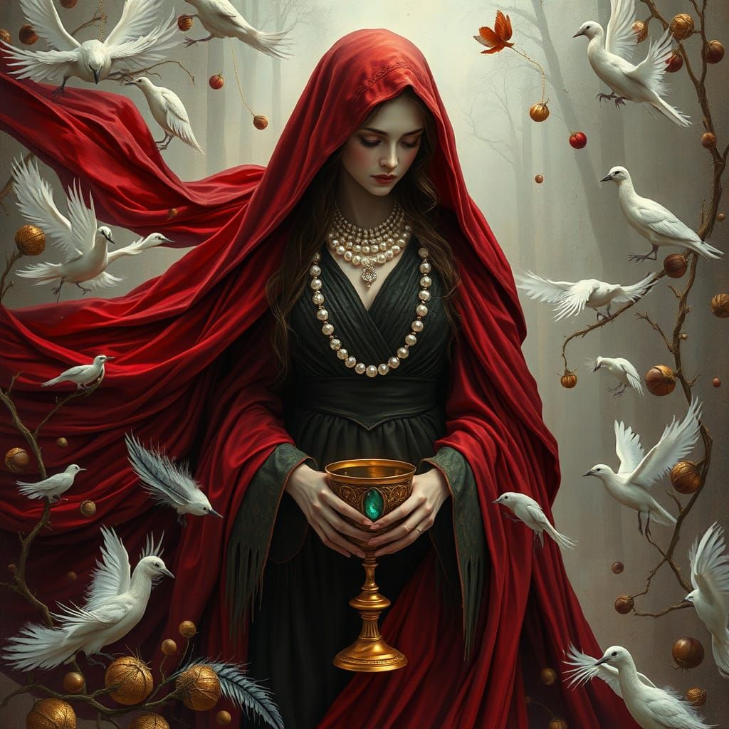 Mystic Woman in Crimson Mantle: Pre-Raphaelite Celtic Art