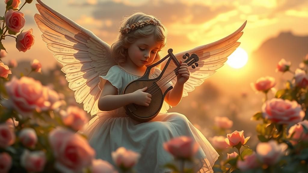 Angel Musician in a Heavenly Garden at Sunset