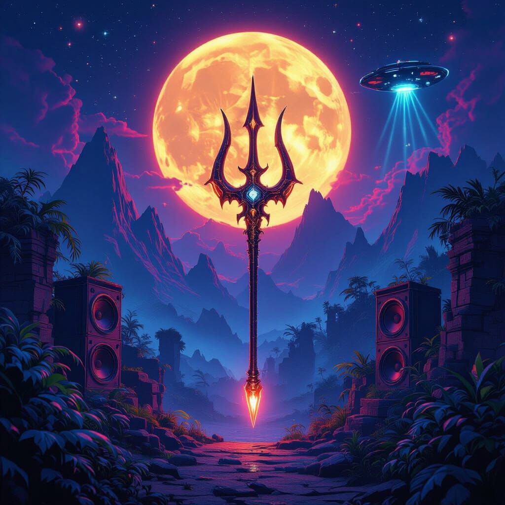 Surreal Neon Jungle with Floating Trident in Psytrance Style