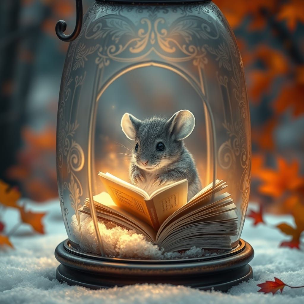 Whimsical Mouse in Victorian Glass Lantern Scene