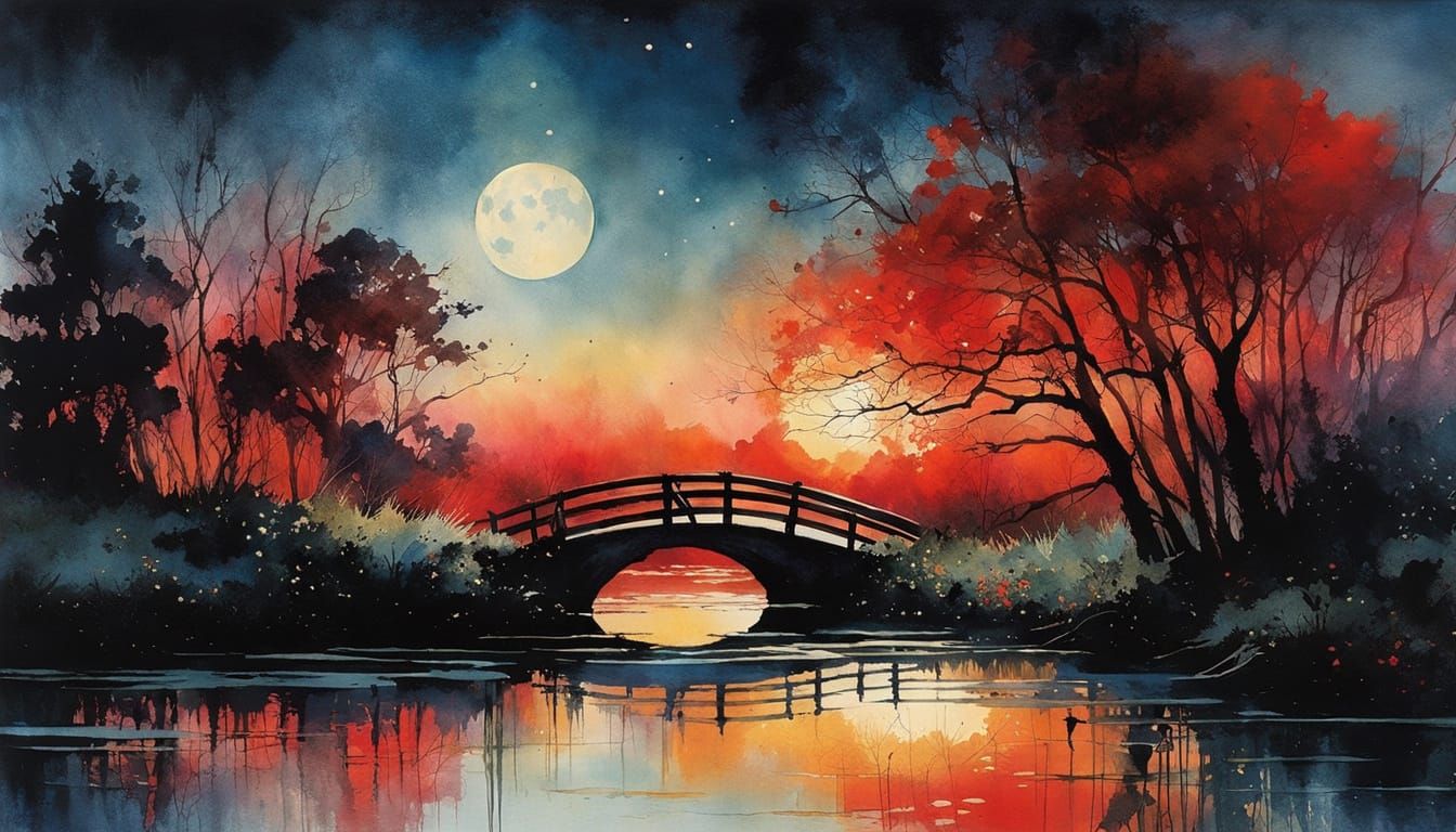 Eclipse Over Swamp: Watercolor Print Art