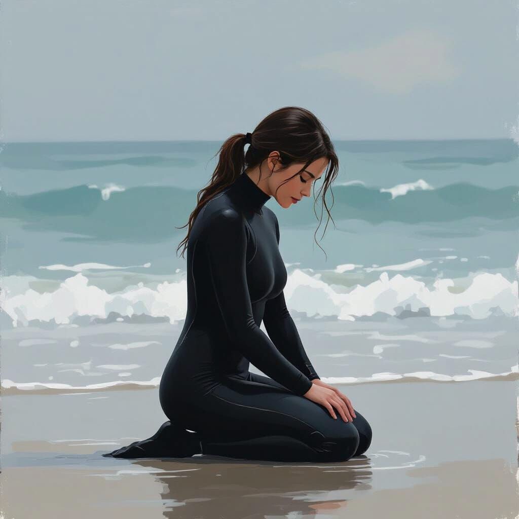 Wetsuit Woman at Ocean's Edge: Impressionist Style