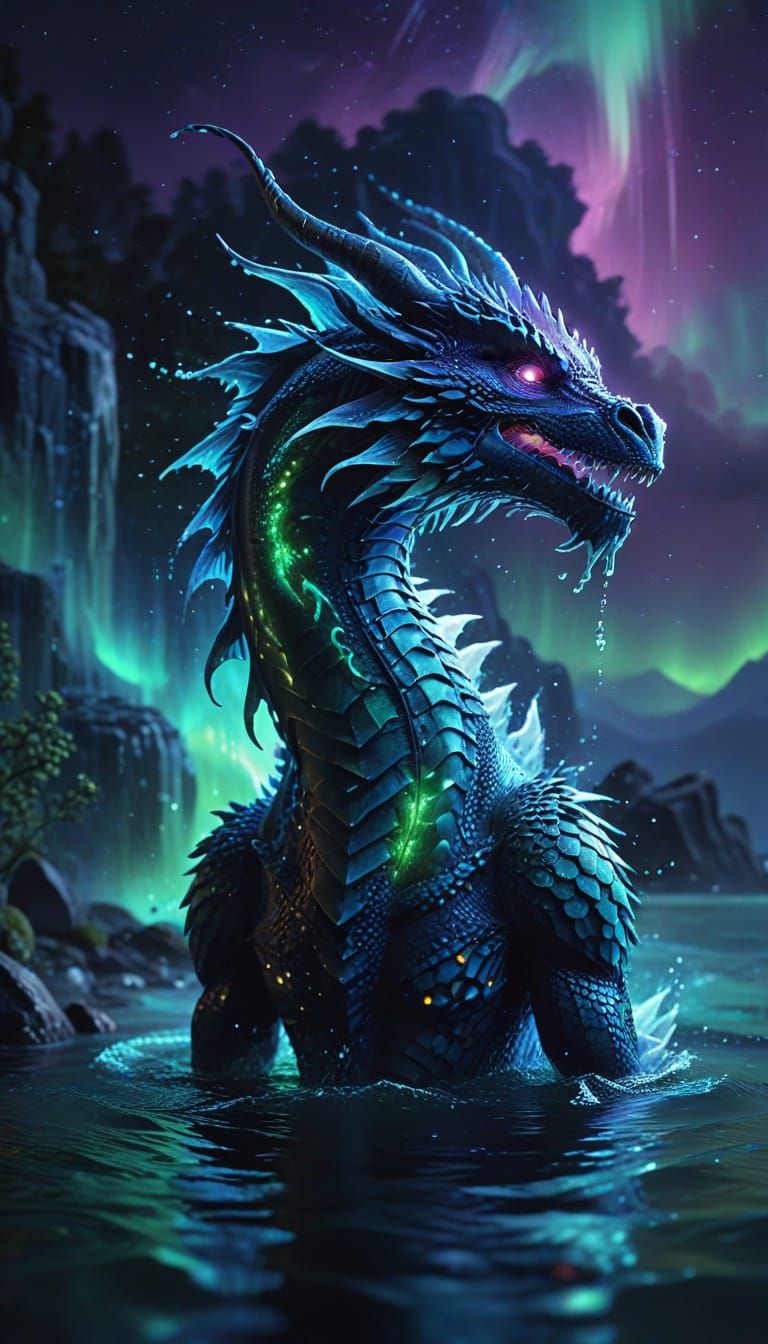 Ethereal Water Dragon Emerges from the Sea Under Vibrant Nor...