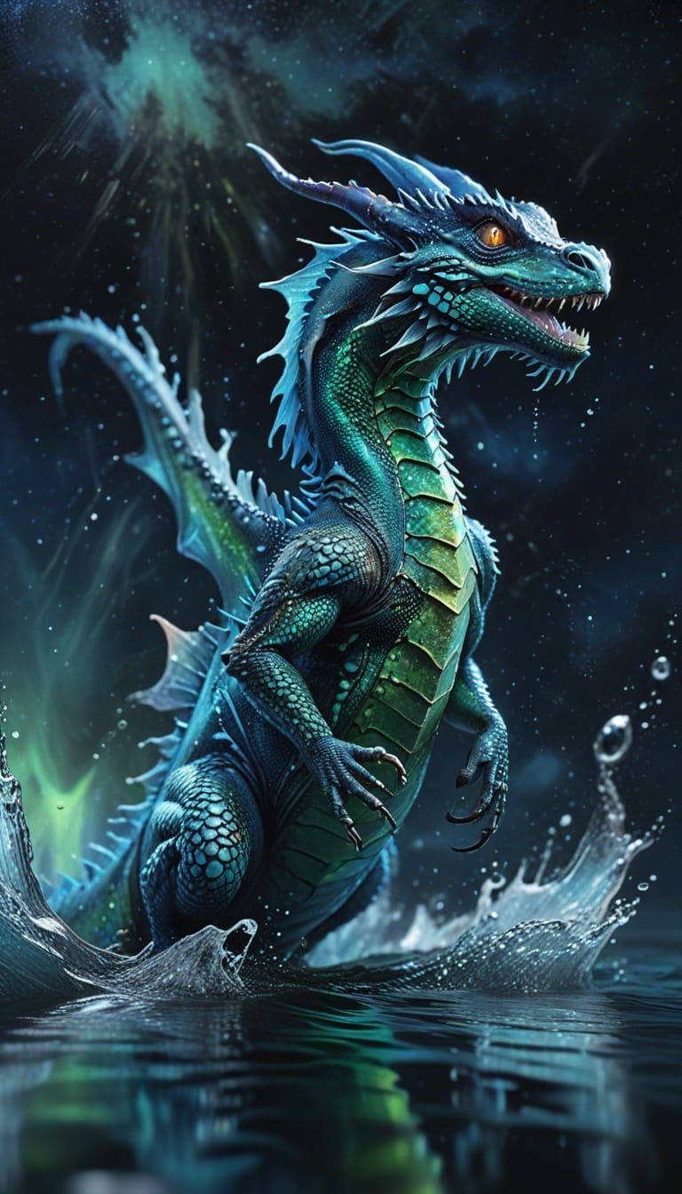 A Transparent Water Dragon Emerges from the Sea under Vibran...