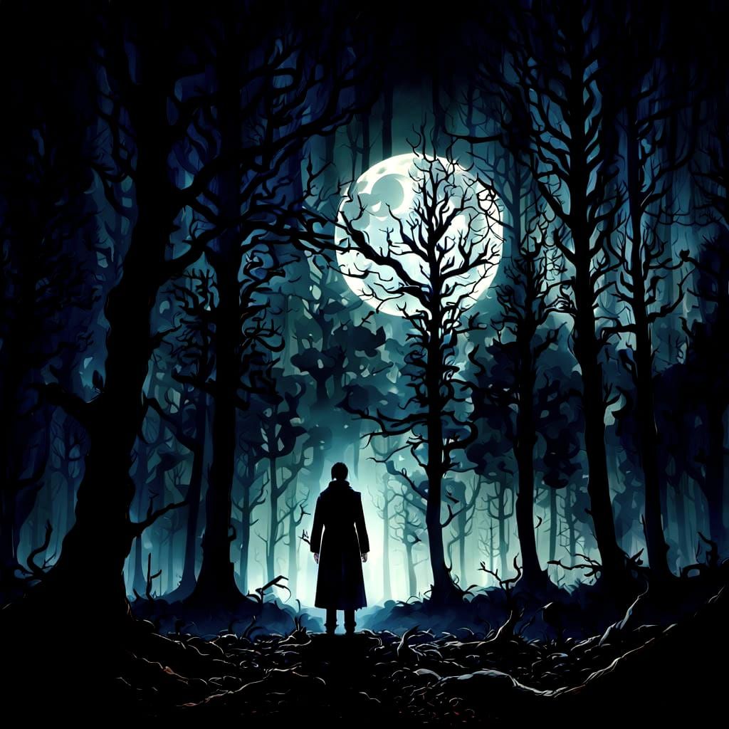 Eerie Silhouette in Fog-Shrouded Midnight Forest