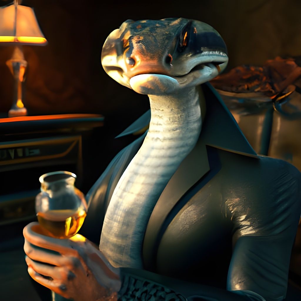 Handsome Snake in Tuxedo Drinks Scotch, 3D Render