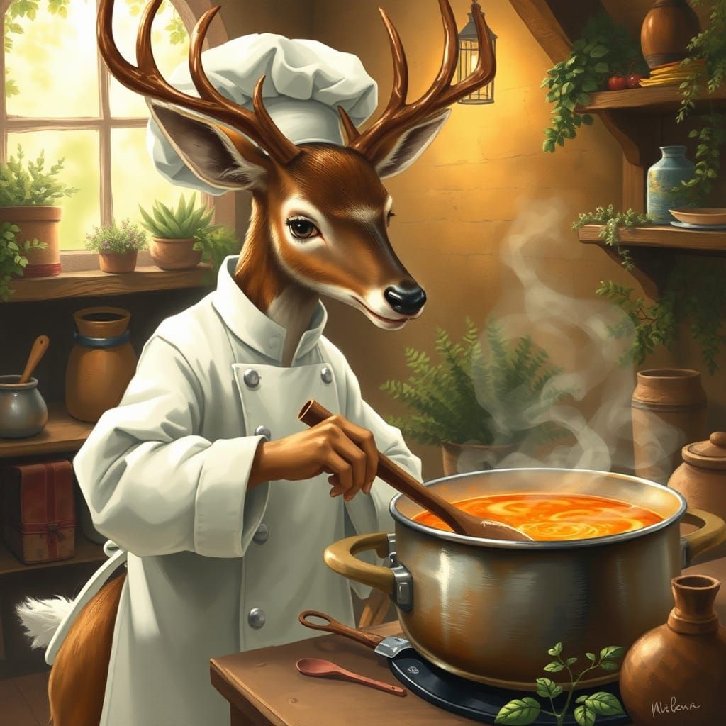 Deer Chef Cooks Soup in Whimsical Kitchen