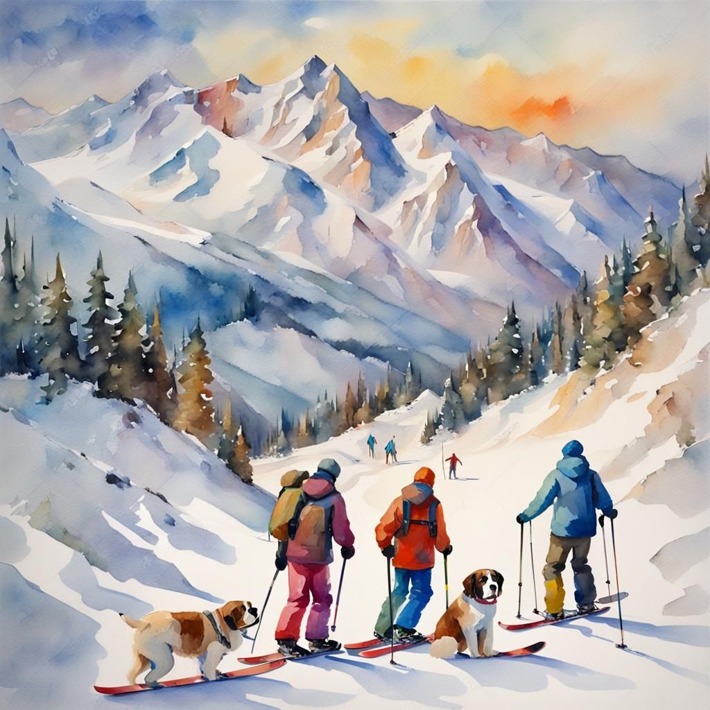 Watercolor Skiers, Snowboarders, and St. Bernard Dog