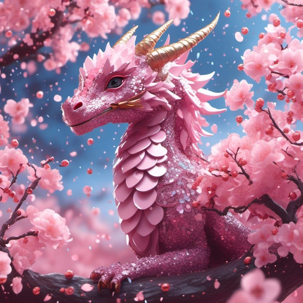 Sparkling Pink Dragon Under Cherry Blossom Tree