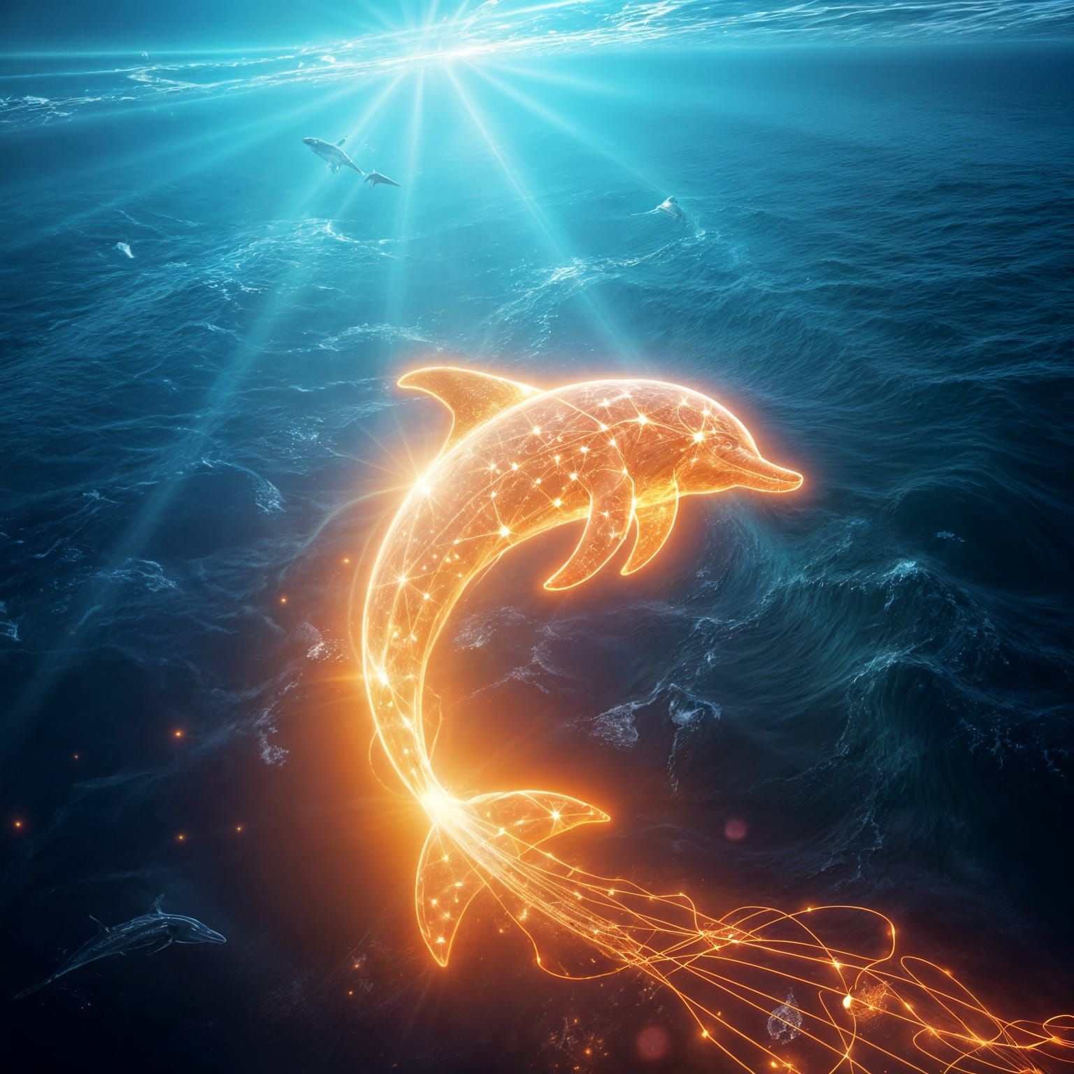 Luminous Dolphin Made of Light in the Ocean