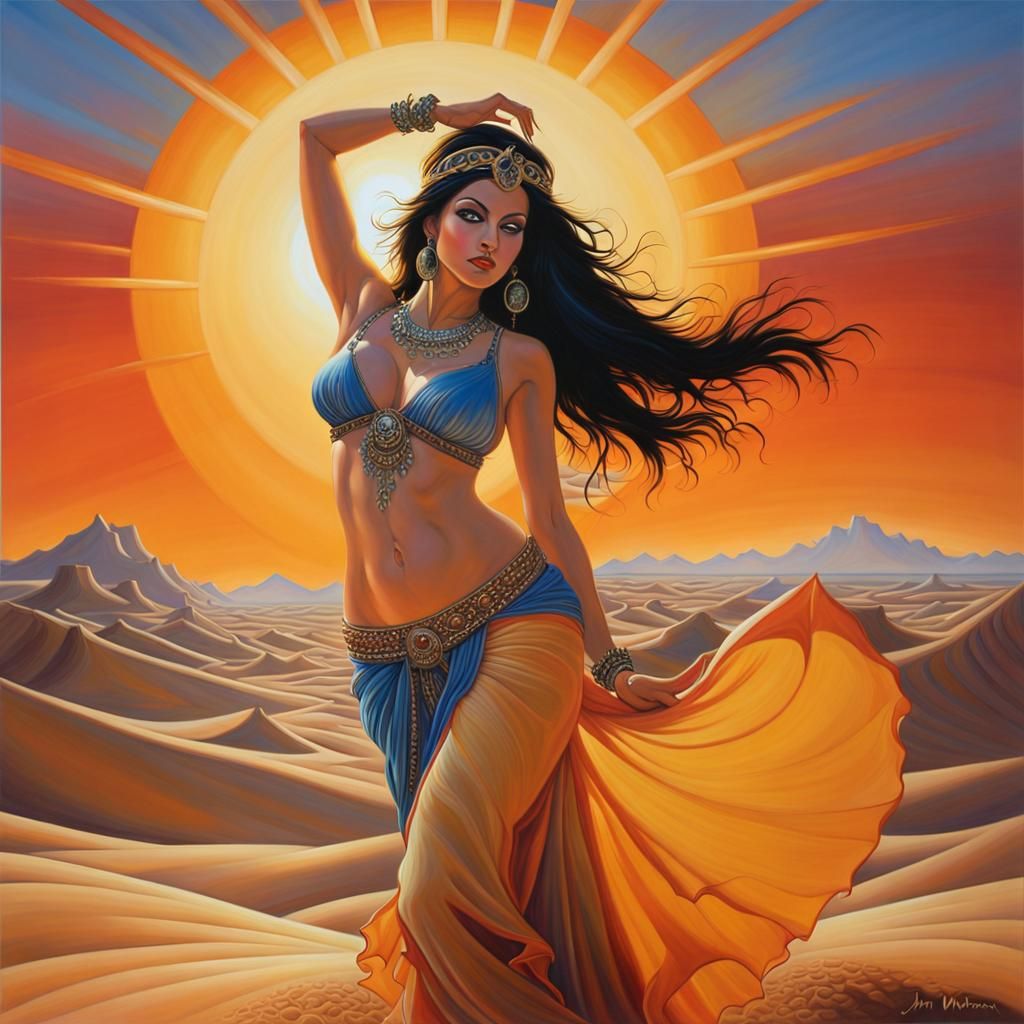 Desert Sunset with Belly Dancer Silhouette